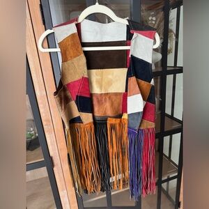 Vintage 1970s Suede patchwork Fringed Vest long Art Colorful Festival groovy